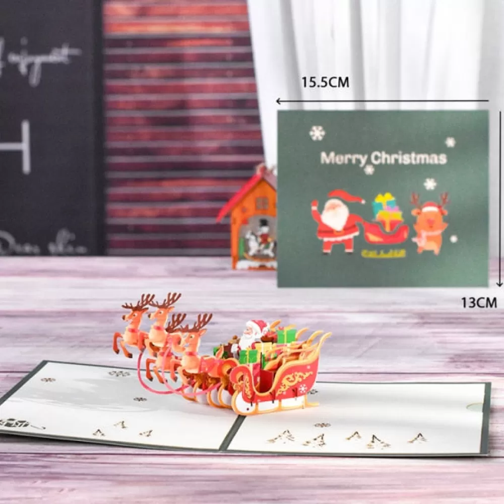 New Carte De Noël 3D - Père Noël Et Ses Rennes Cartes De Voeux De Noël