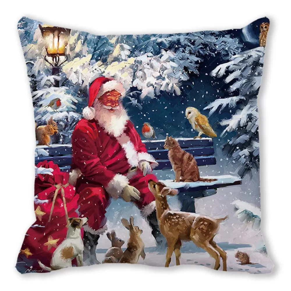 Hot Housse De Coussin De Noël : Père Noël Avec Les Animaux Housse De Coussin De Noël