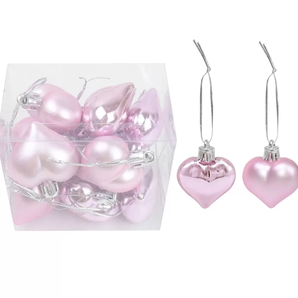 Clearance Lot De 12 Boules De Noël Coeur - Rose Décorations De Noël Pas Cher | Lots De Boules De Noël