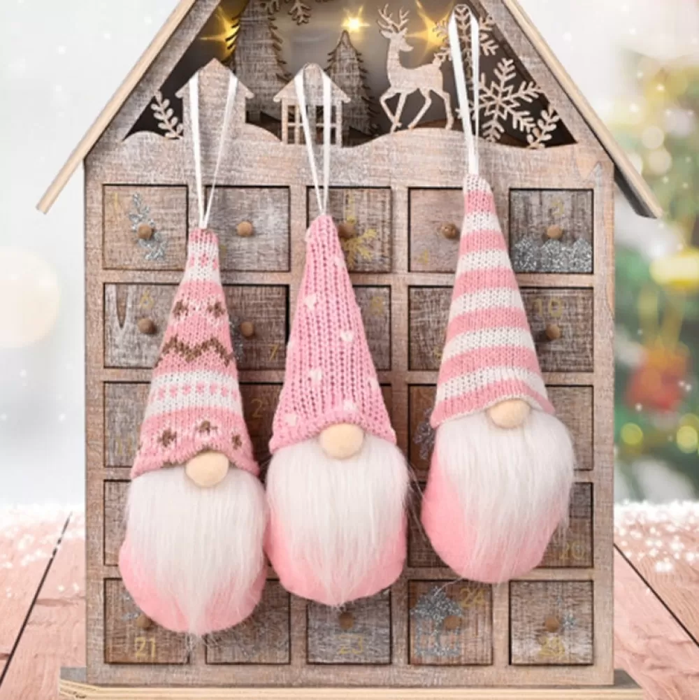 Outlet Lot De 3 Lutins De Noël à Suspendre - Rose Décorations De Noël Pas Cher | Lutins Et Gnomes De Noël